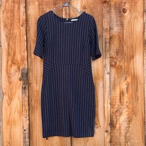 Navy knee length dress with grey pinstripes